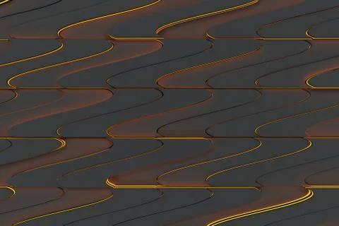 Pattern of black twisted extruded shapes with yellow glowing lines Stock Illustration