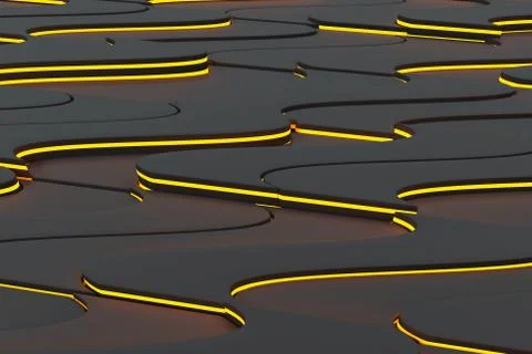 Pattern of black twisted extruded shapes with yellow glowing lines Stock Illustration