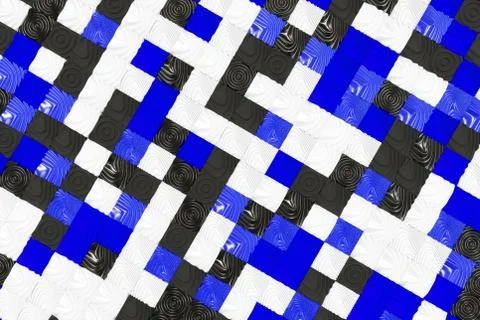 Pattern of black, white and blue cubes with deformed surfaces Stock Illustration