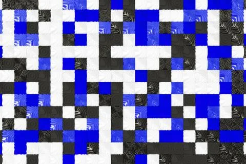 Pattern of black, white and blue cubes with deformed surfaces Stock Illustration