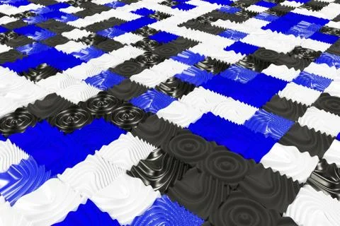 Pattern of black, white and blue cubes with deformed surfaces Illustrazione stock
