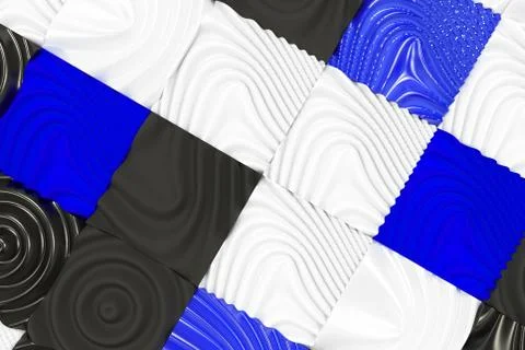 Pattern of black, white and blue cubes with deformed surfaces Stock Illustration
