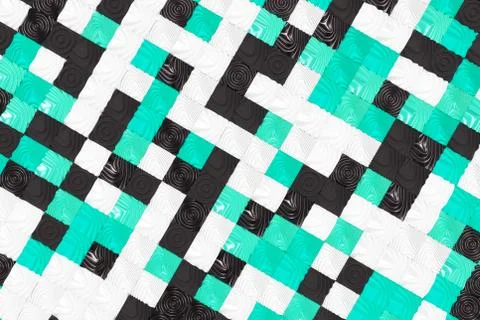 Pattern of black, white and blue cubes with deformed surfaces Stock Illustration