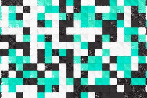 Pattern of black, white and blue cubes with deformed surfaces Stock Illustration