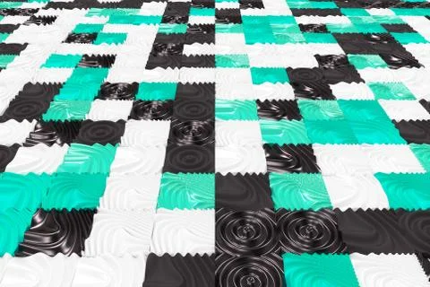 Pattern of black, white and blue cubes with deformed surfaces 스톡 일러스트