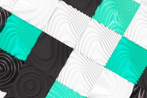 Pattern of black, white and blue cubes with deformed surfaces Stock Illustration
