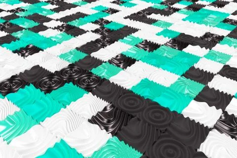 Pattern of black, white and blue cubes with deformed surfaces Stock Illustration