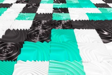 Pattern of black, white and blue cubes with deformed surfaces Stock Illustration