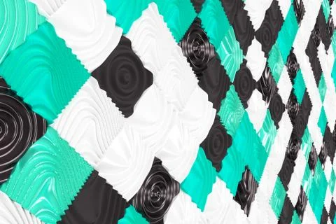 Pattern of black, white and blue cubes with deformed surfaces Stock Illustration