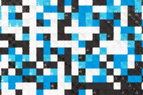 Pattern of black, white and blue cubes with deformed surfaces Stock Illustration
