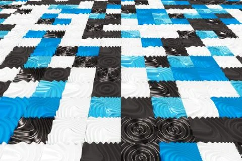 Pattern of black, white and blue cubes with deformed surfaces Stock Illustration
