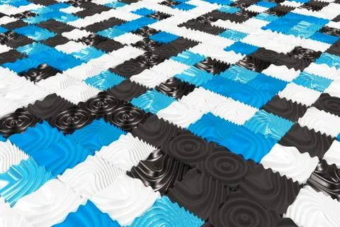 Pattern of black, white and blue cubes with deformed surfaces Stock Illustration