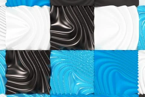 Pattern of black, white and blue cubes with deformed surfaces Stock Illustration