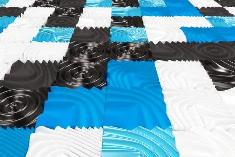 Pattern of black, white and blue cubes with deformed surfaces Stock Illustration
