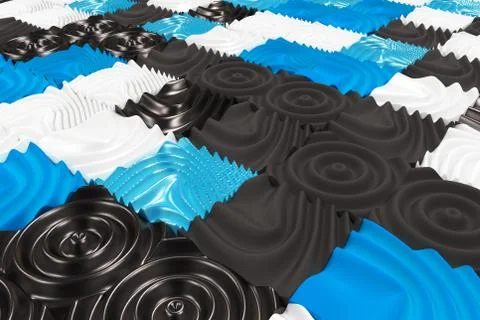 Pattern of black, white and blue cubes with deformed surfaces Stock Illustration