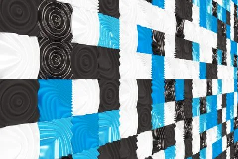 Pattern of black, white and blue cubes with deformed surfaces 스톡 일러스트