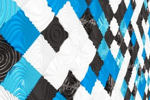 Pattern of black, white and blue cubes with deformed surfaces Stock Illustration