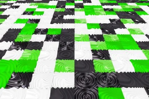 Pattern of black, white and green cubes with deformed surfaces Stock Illustration