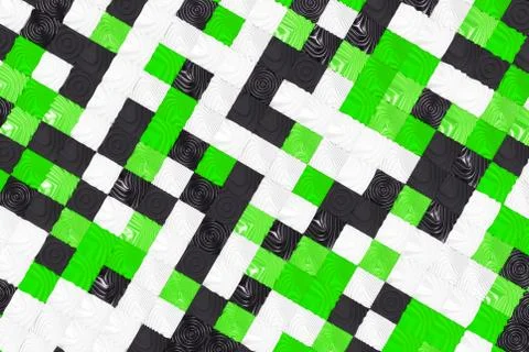 Pattern of black, white and green cubes with deformed surfaces Stock Illustration