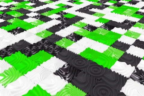 Pattern of black, white and green cubes with deformed surfaces 스톡 일러스트