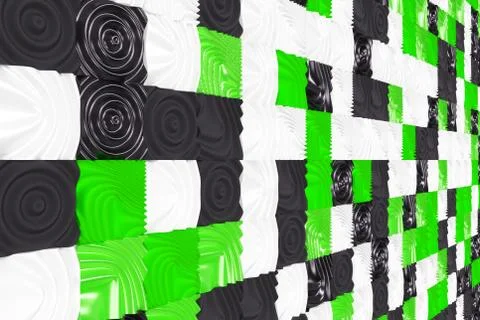 Pattern of black, white and green cubes with deformed surfaces Stock Illustration