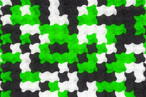 Pattern of black, white and green twisted pyramid shapes Stock Illustration