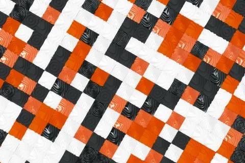 Pattern of black, white and orange cubes with deformed surfaces Illustrazione stock
