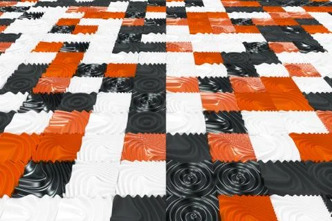 Pattern of black, white and orange cubes with deformed surfaces Stock Illustration