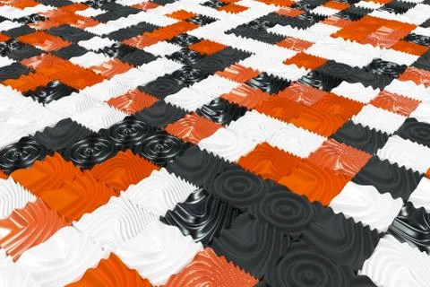 Pattern of black, white and orange cubes with deformed surfaces Stock Illustration