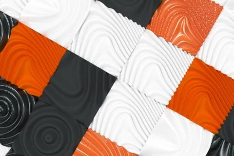 Pattern of black, white and orange cubes with deformed surfaces 스톡 일러스트