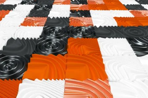 Pattern of black, white and orange cubes with deformed surfaces Stock Illustration