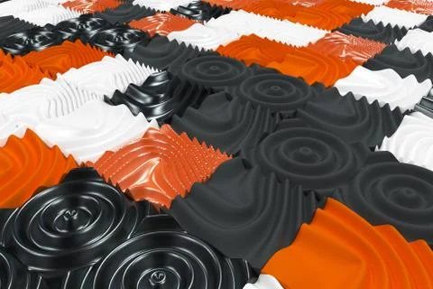 Pattern of black, white and orange cubes with deformed surfaces Stock Illustration