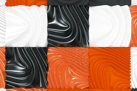 Pattern of black, white and orange cubes with deformed surfaces Illustrazione stock