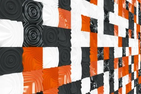 Pattern of black, white and orange cubes with deformed surfaces Stock Illustration