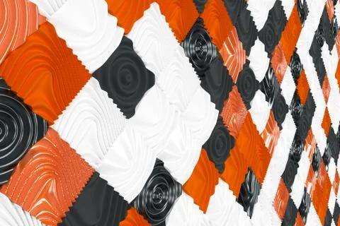 Pattern of black, white and orange cubes with deformed surfaces 스톡 일러스트