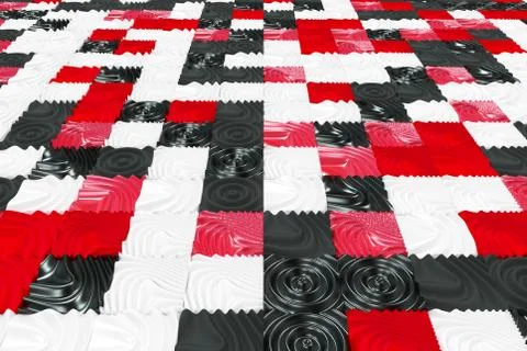 Pattern of black, white and red cubes with deformed surfaces Stock Illustration