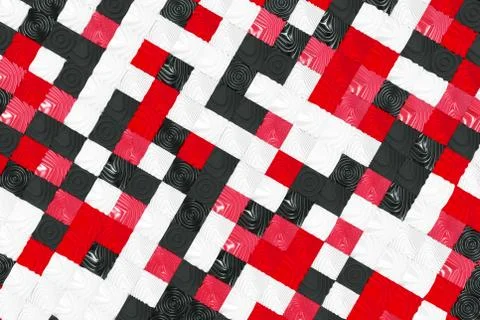 Pattern of black, white and red cubes with deformed surfaces Stock Illustration