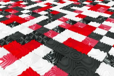 Pattern of black, white and red cubes with deformed surfaces Stock Illustration