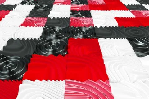 Pattern of black, white and red cubes with deformed surfaces Stock Illustration