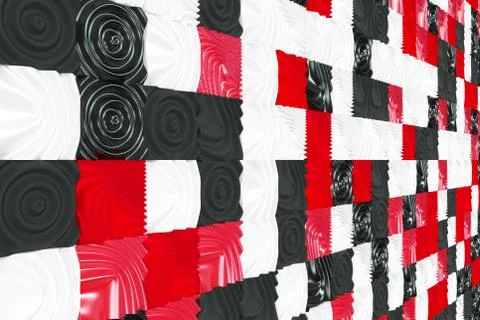 Pattern of black, white and red cubes with deformed surfaces Illustrazione stock
