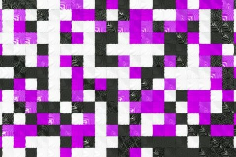 Pattern of black, white and violet cubes with deformed surfaces Stock Illustration