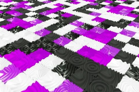 Pattern of black, white and violet cubes with deformed surfaces Stock Illustration