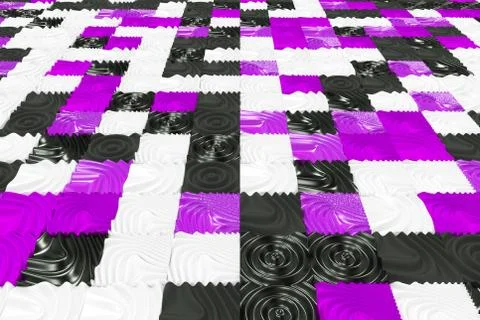 Pattern of black, white and violet cubes with deformed surfaces 스톡 일러스트
