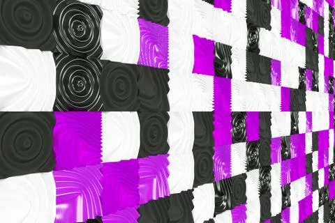 Pattern of black, white and violet cubes with deformed surfaces Stock Illustration