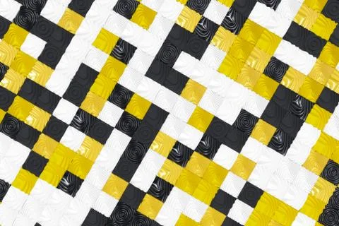 Pattern of black, white and yellow cubes with deformed surfaces 스톡 일러스트