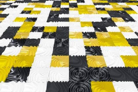 Pattern of black, white and yellow cubes with deformed surfaces 스톡 일러스트
