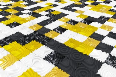 Pattern of black, white and yellow cubes with deformed surfaces Stock Illustration
