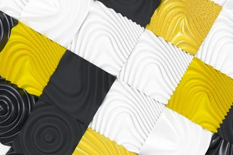 Pattern of black, white and yellow cubes with deformed surfaces 스톡 일러스트