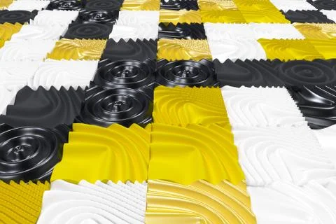 Pattern of black, white and yellow cubes with deformed surfaces Stock Illustration