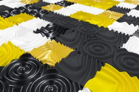 Pattern of black, white and yellow cubes with deformed surfaces Stock Illustration